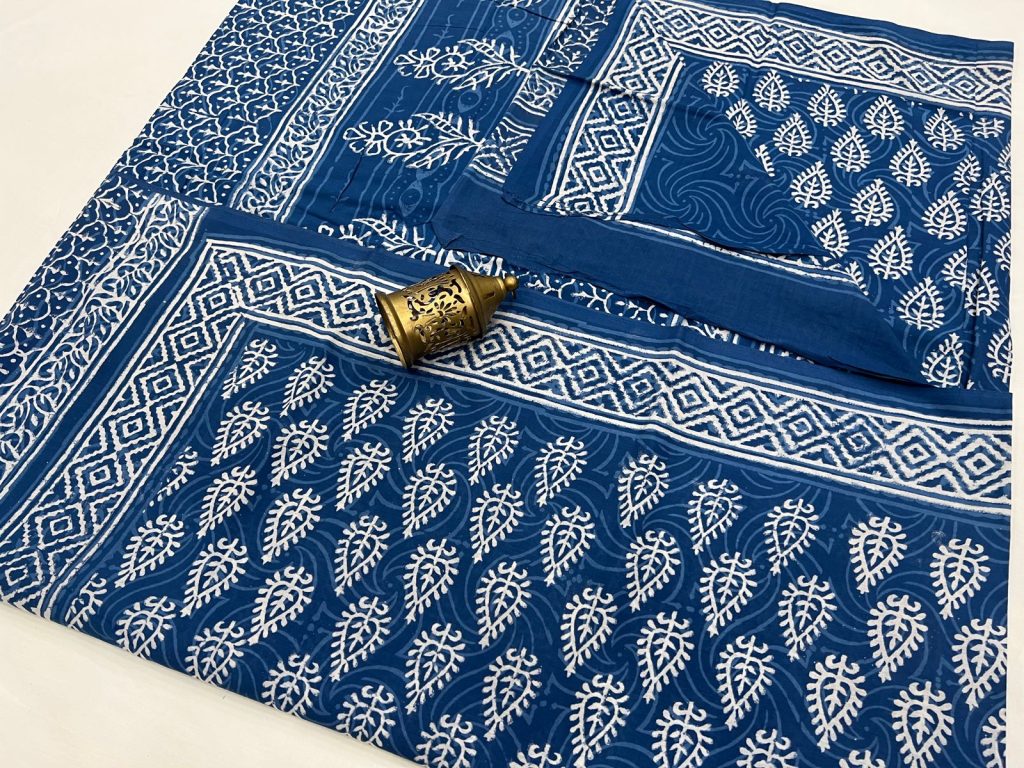 Persian blue block print cotton ऑनलाइन साड़ी