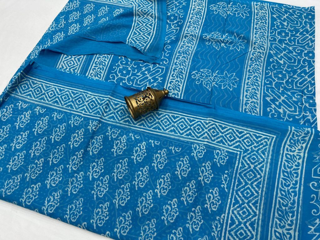 Azure blue discharge print soft pure cotton saree