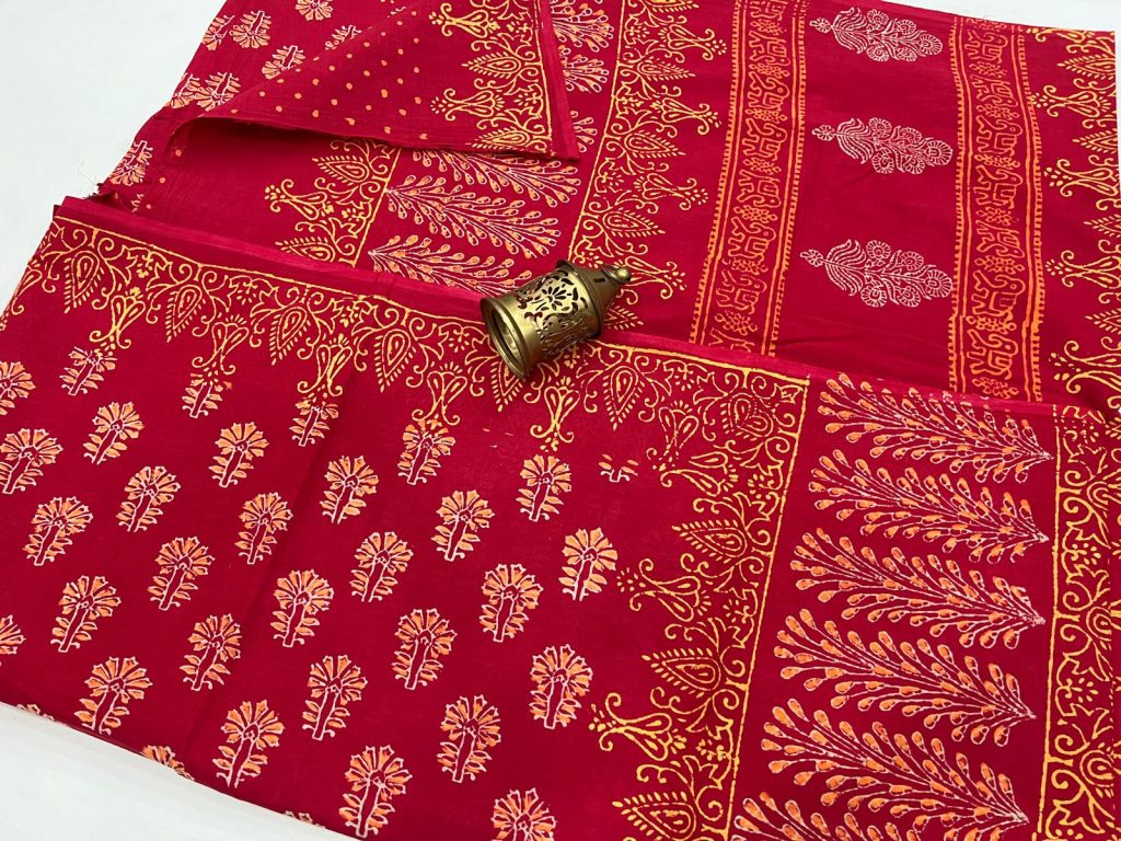 Red block print cotton sarees new arrival