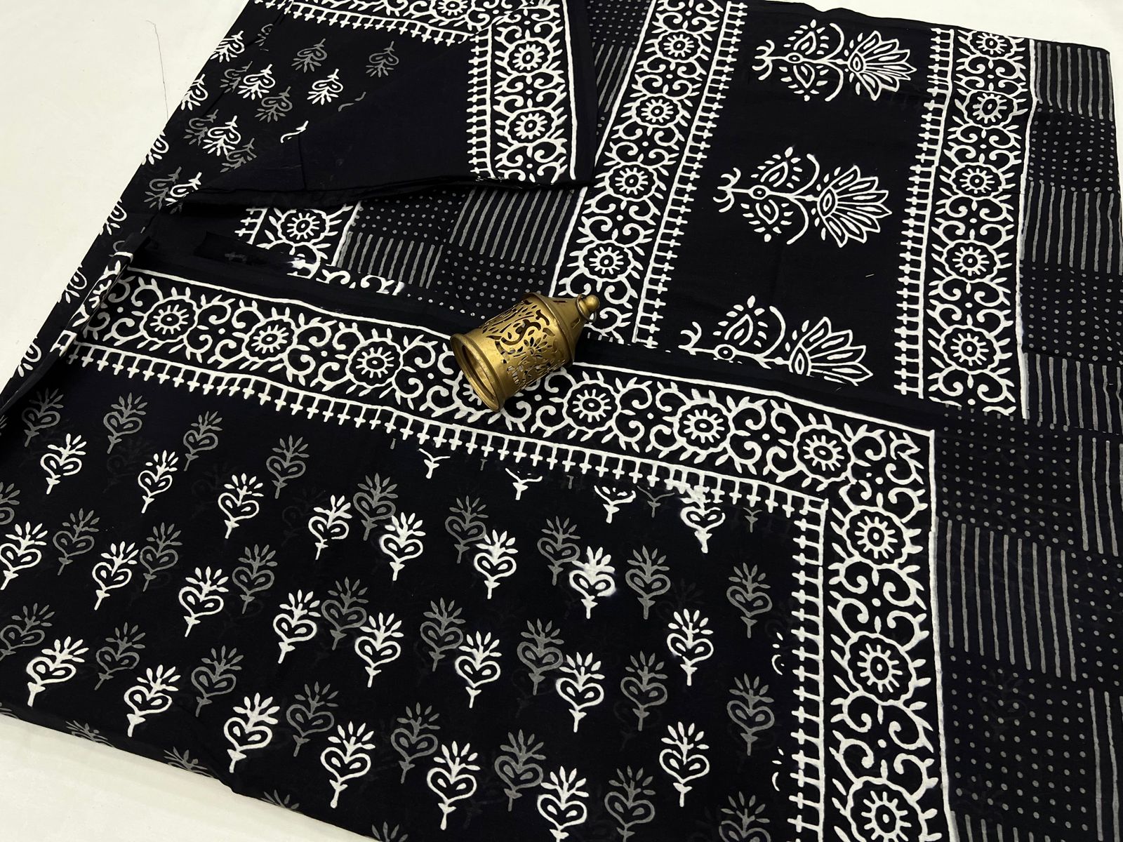 Black cotton hand block daily wear printed saree