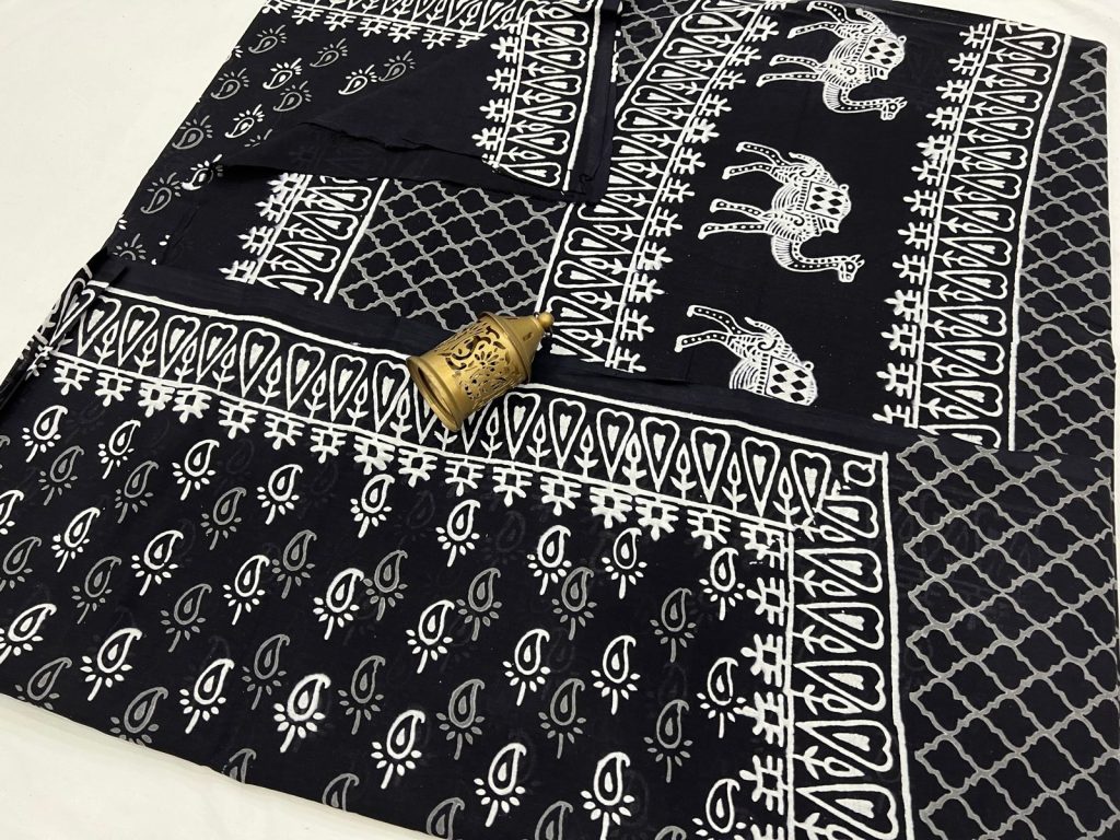 Black hand block printed soft cotton sarees