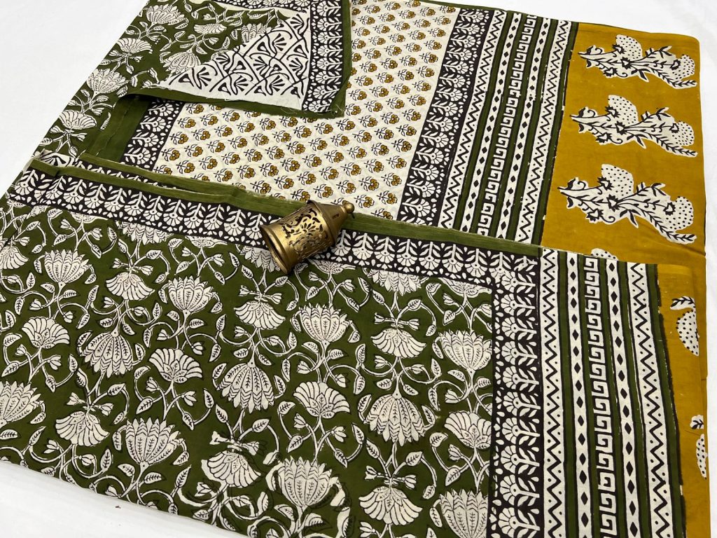 Jaipuri olive green cotton printed daily wear saree