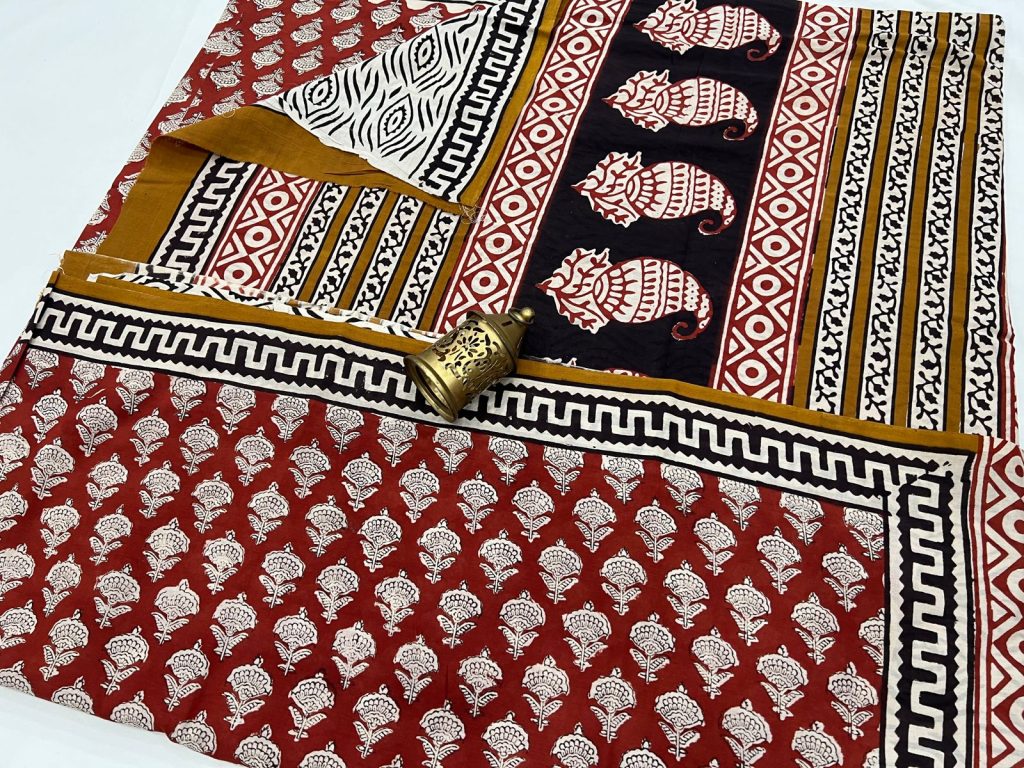 Red cotton hand block printed saree