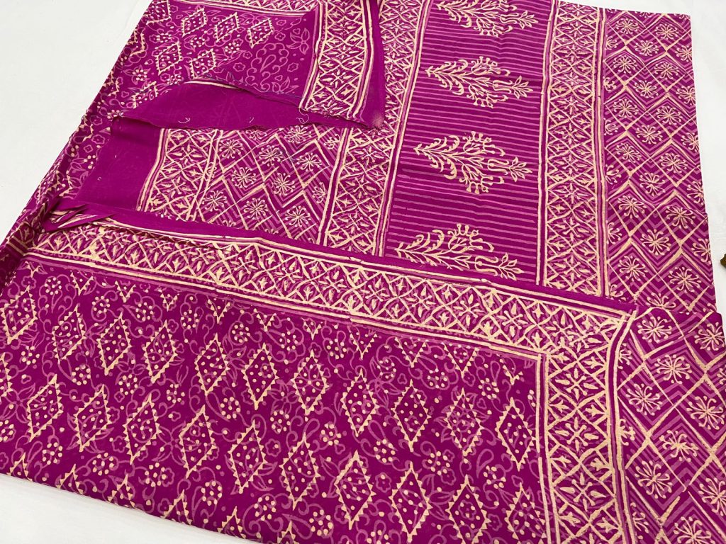 Red-violet cotton hand block print saree