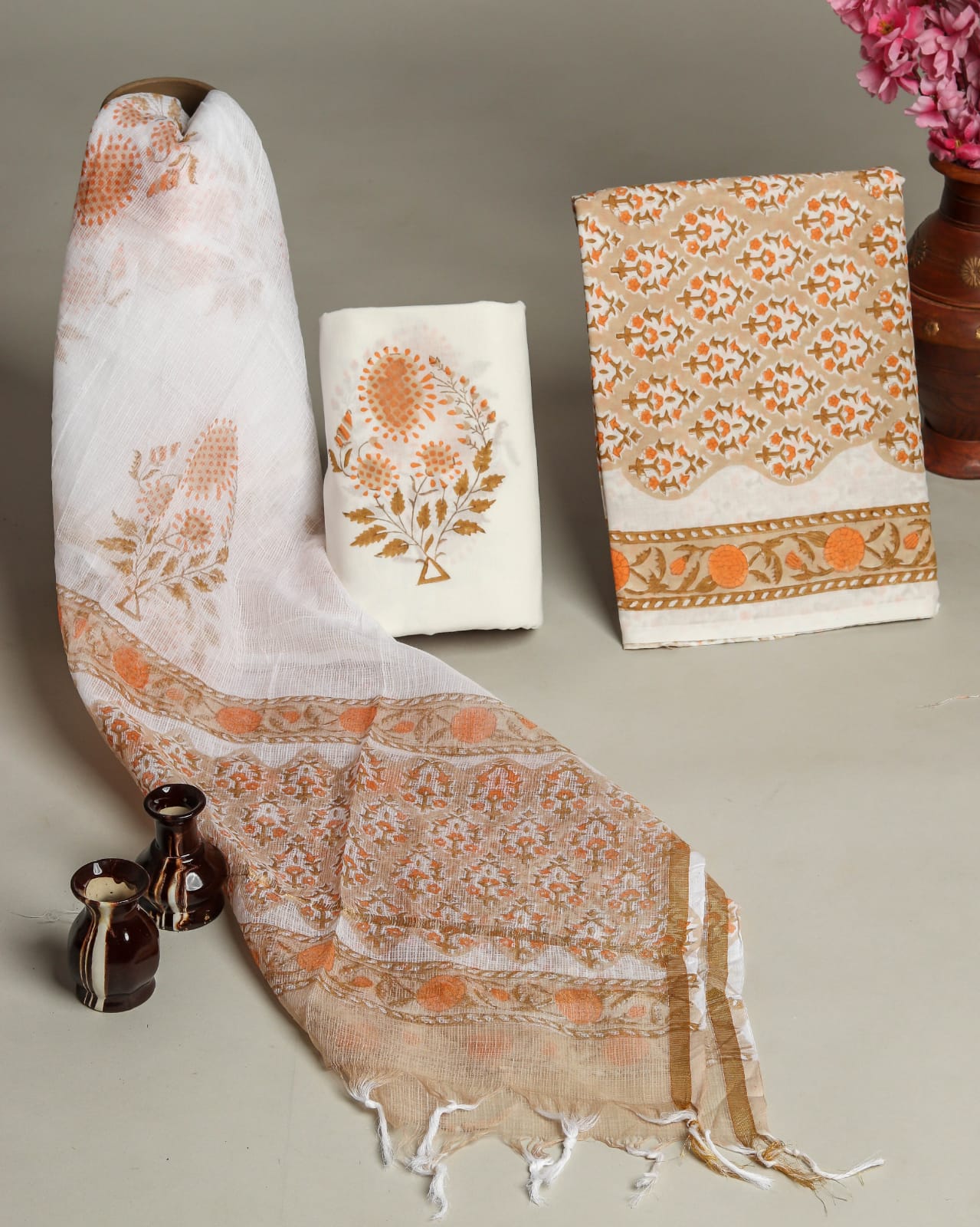 Sorrell Brown cotton suits for office wear with kota doria dupatta