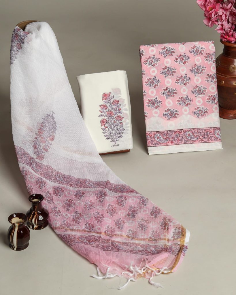 Blossom pink cotton office wear salwar kameez with kota doria dupatta