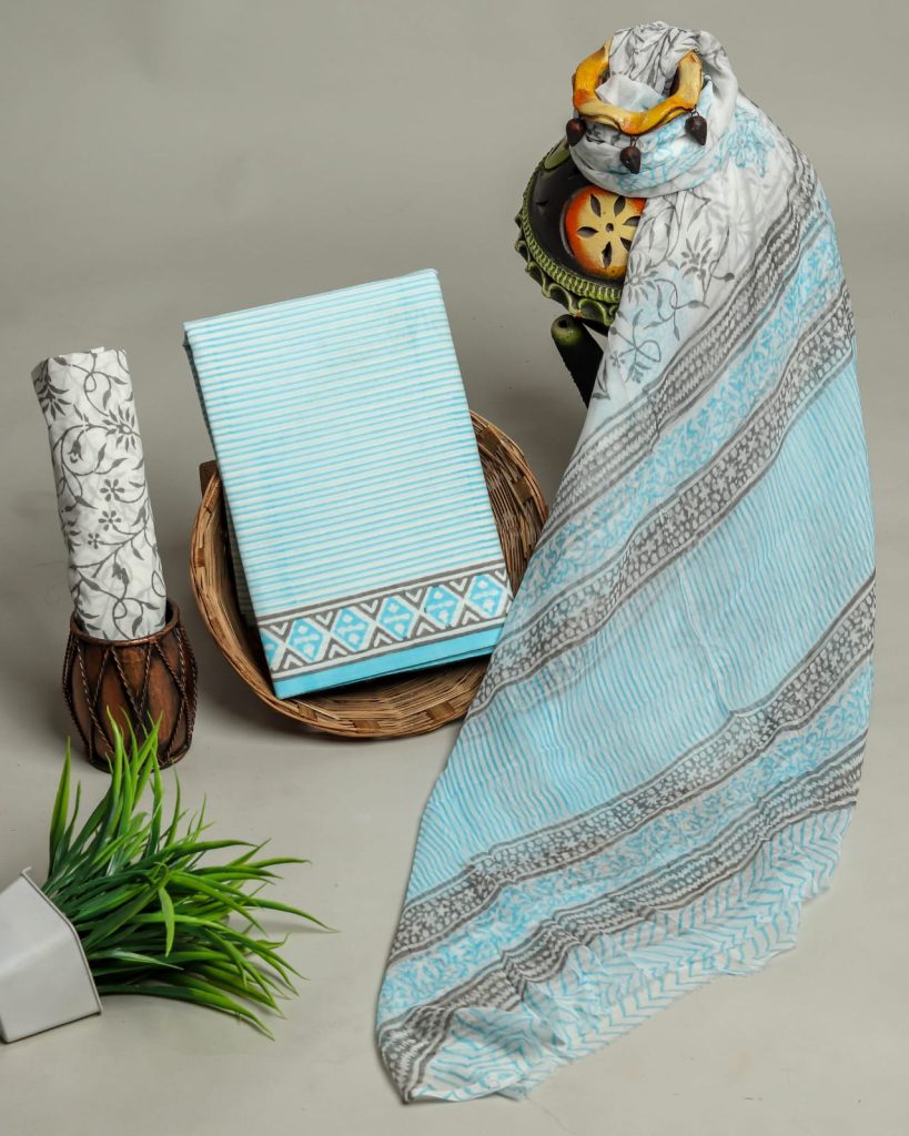 Electric blue cotton salwar suit with mulmul dupatta