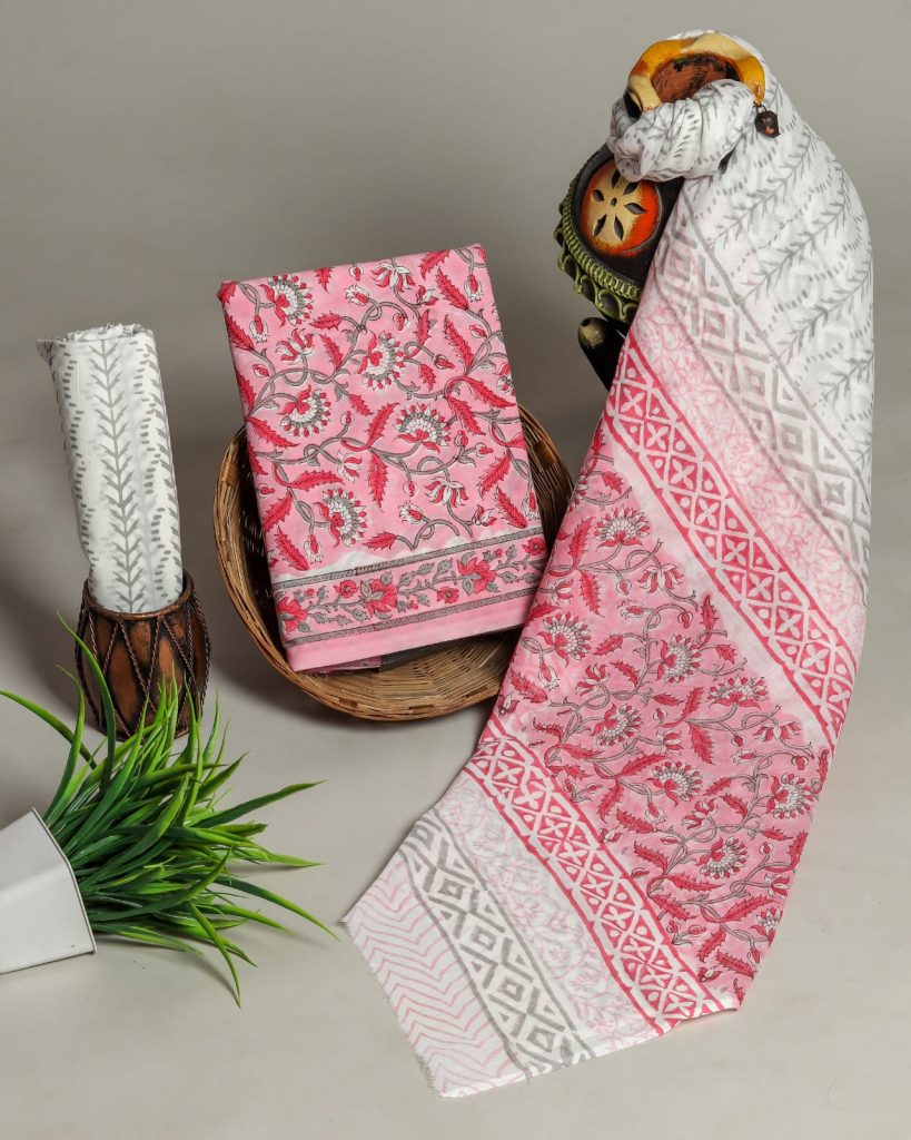 Pink gad hand block printed cotton suits with mulmul dupatta