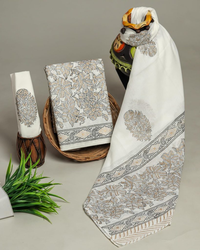 Pure white cotton dress materials with mulmul dupatta