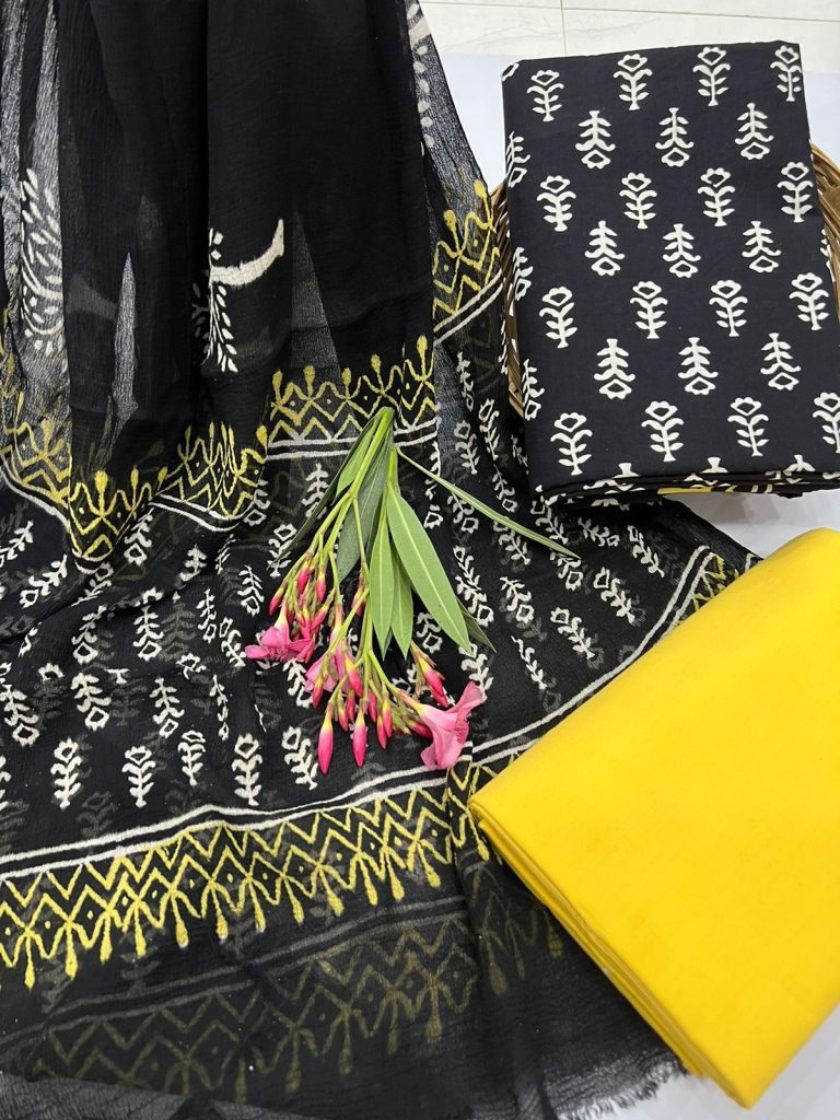 Black and yellow hand block print cotton suits online
