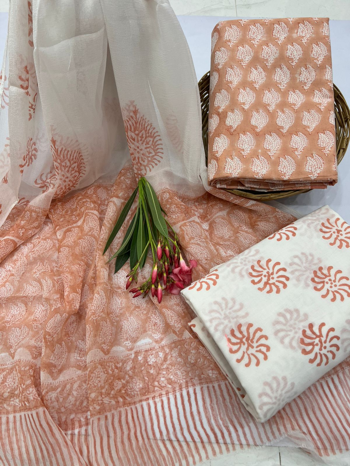 Apricot orange hand block print cotton dress materials