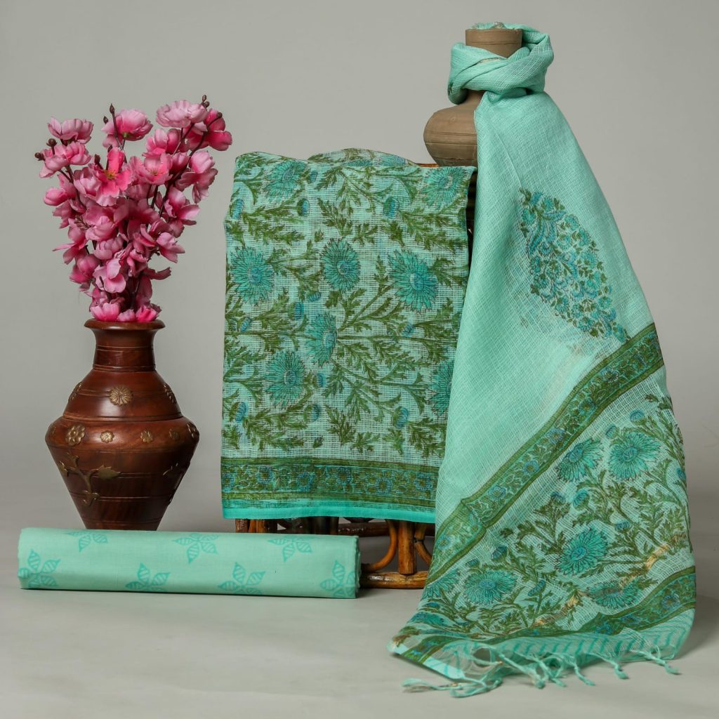 Emerald green block printed kota doriya salwar suit online shopping