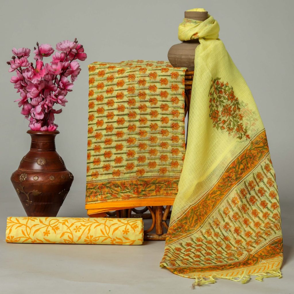 Yellow block printed kota doriya online dress material shopping
