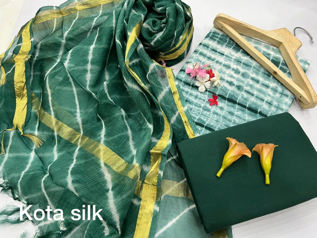 Green rajasthani print cotton dress materials with kota silk dupatta