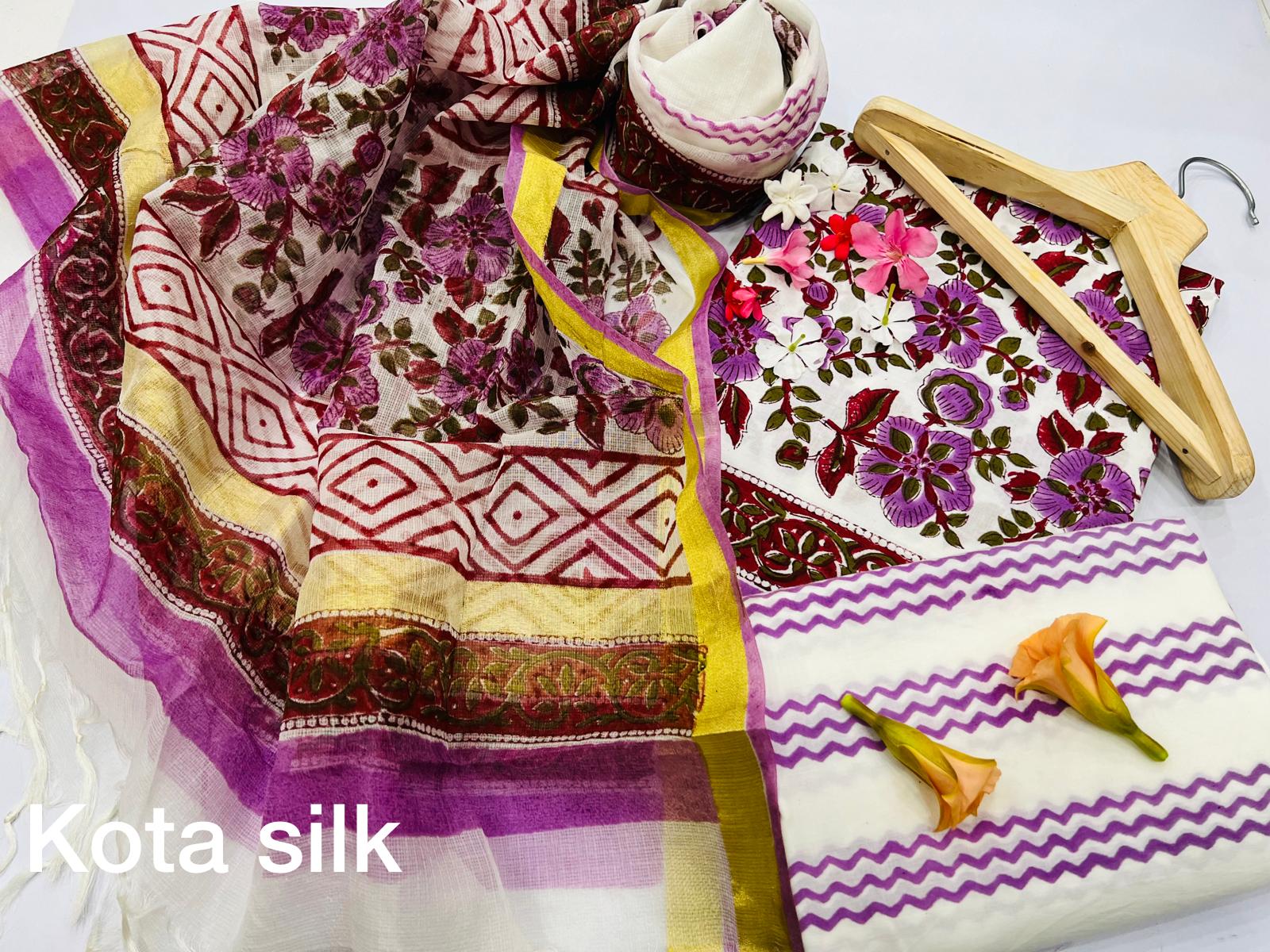 Purple white Cotton latest dresses for ladies with kota silk dupatta