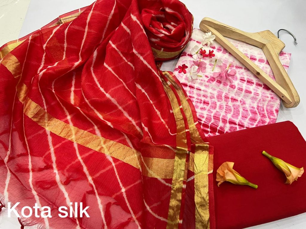 Red rajasthani print cotton salwar suit design with kota silk dupatta