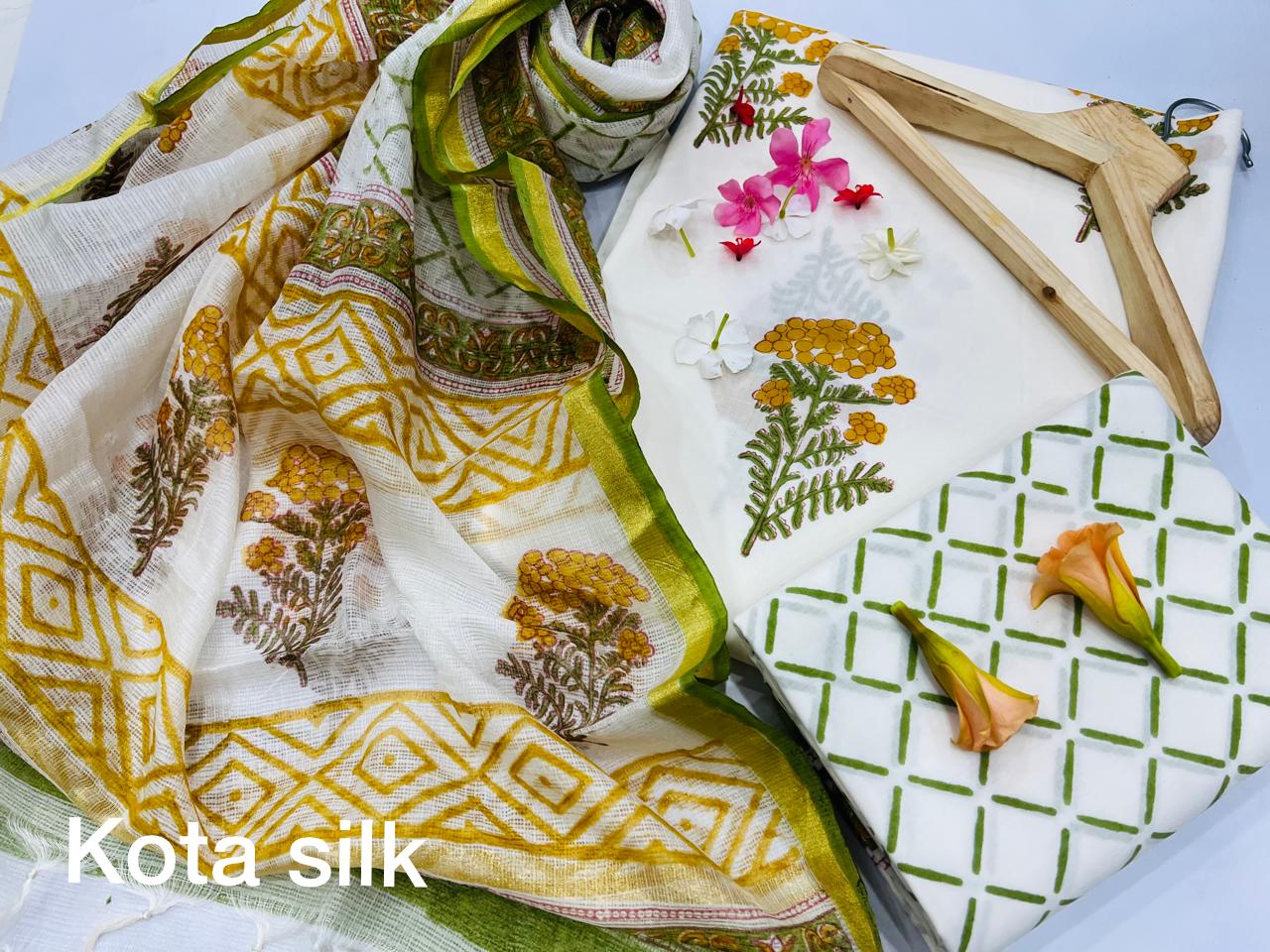 White and jungle green mugal print cotton ethnic dresses for women with kota silk dupatta