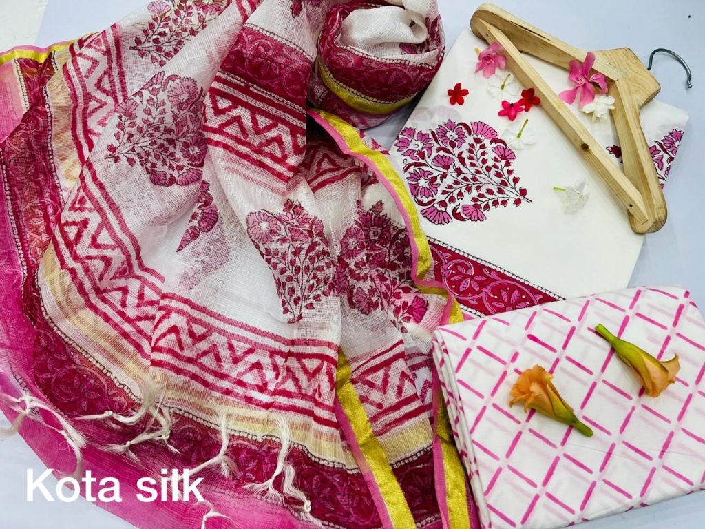 White and Raspberry summer dress for women with kota silk dupatta