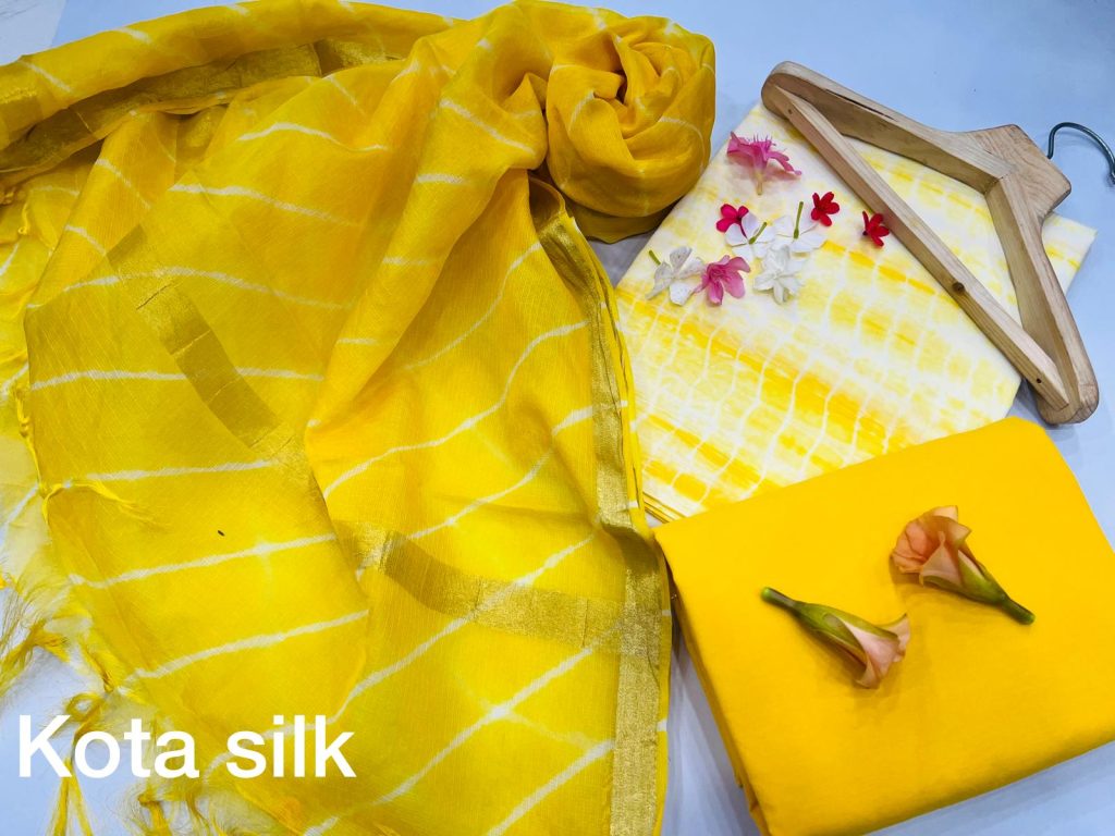 Yellow rajasthani print cotton new dress design with kota silk dupatta