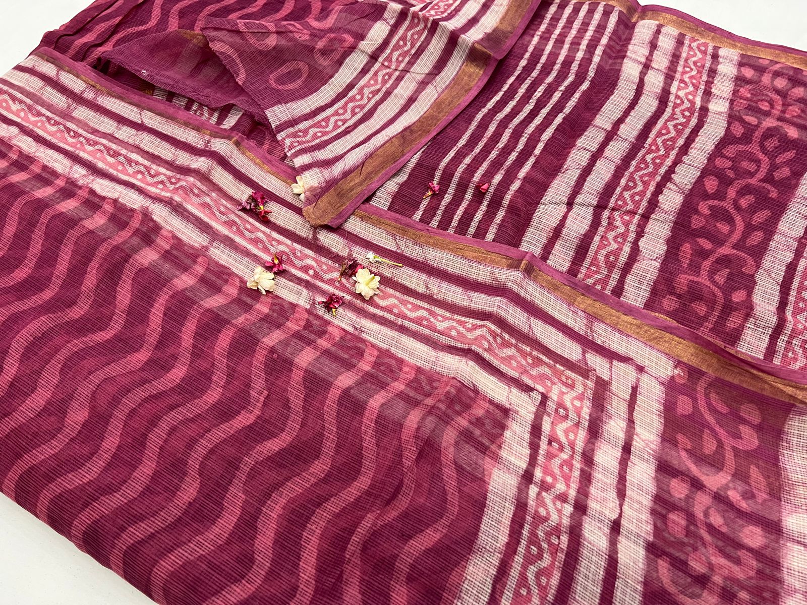 Blush and wine color hand block printed kota sarees