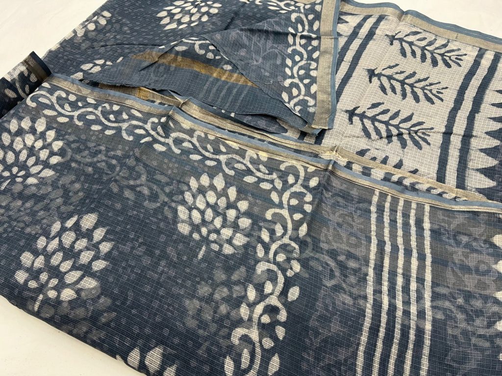 Slate gray hand block printed kota doria saree with zari border