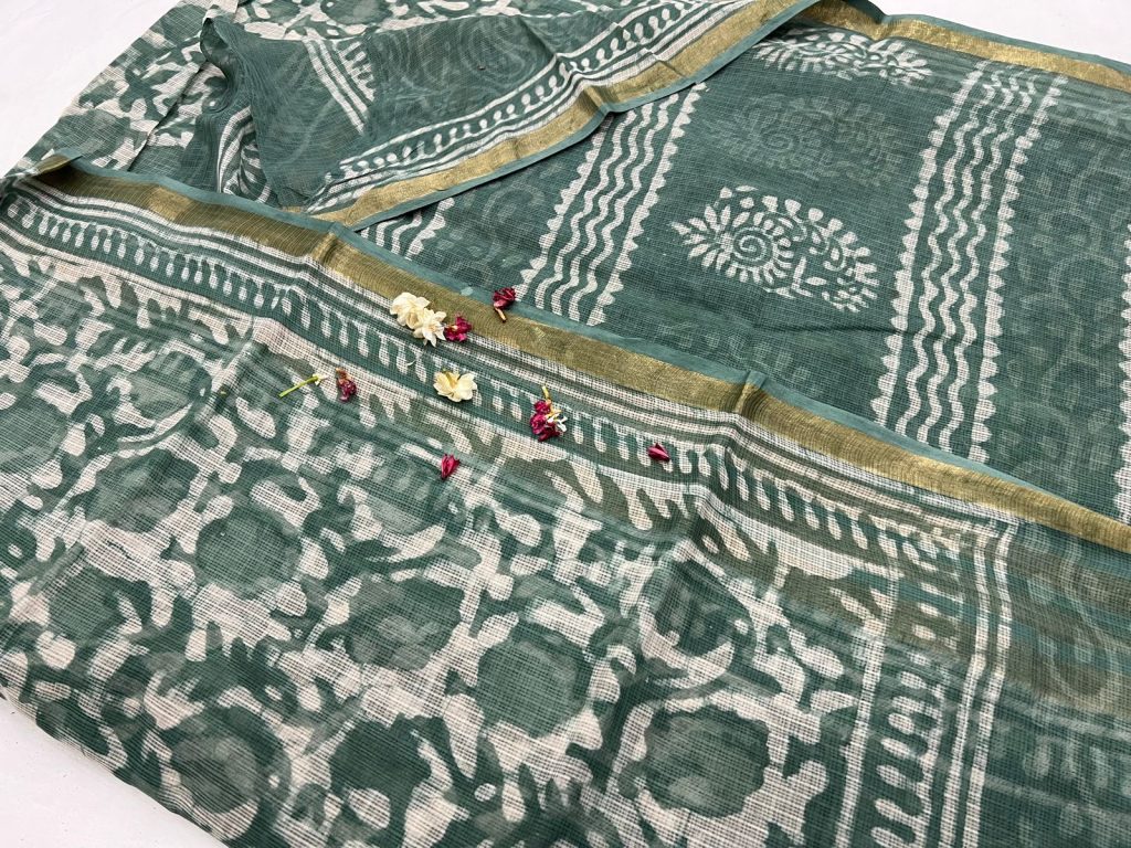 Teal green jaipuri kota doria printed sarees