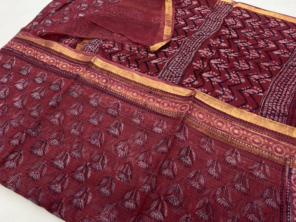 Burgundy red color block printed kota sarees
