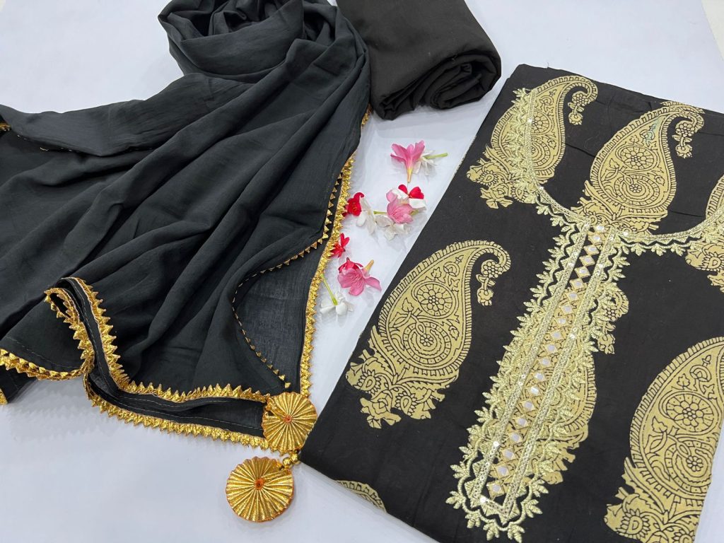 Black embroidered cotton party wear dress for women with mulmul dupatta