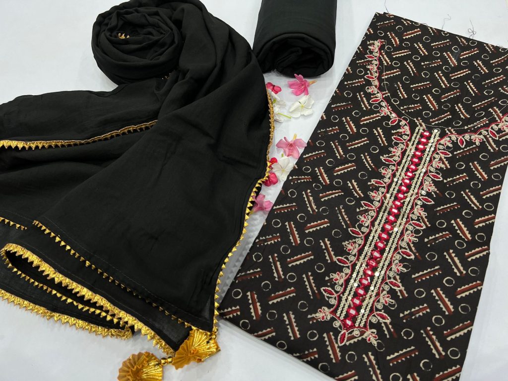 Black mulmul dupatta party wear cotton dress material