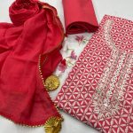 Brick red embroidered cotton party wear dress with mulmul dupatta