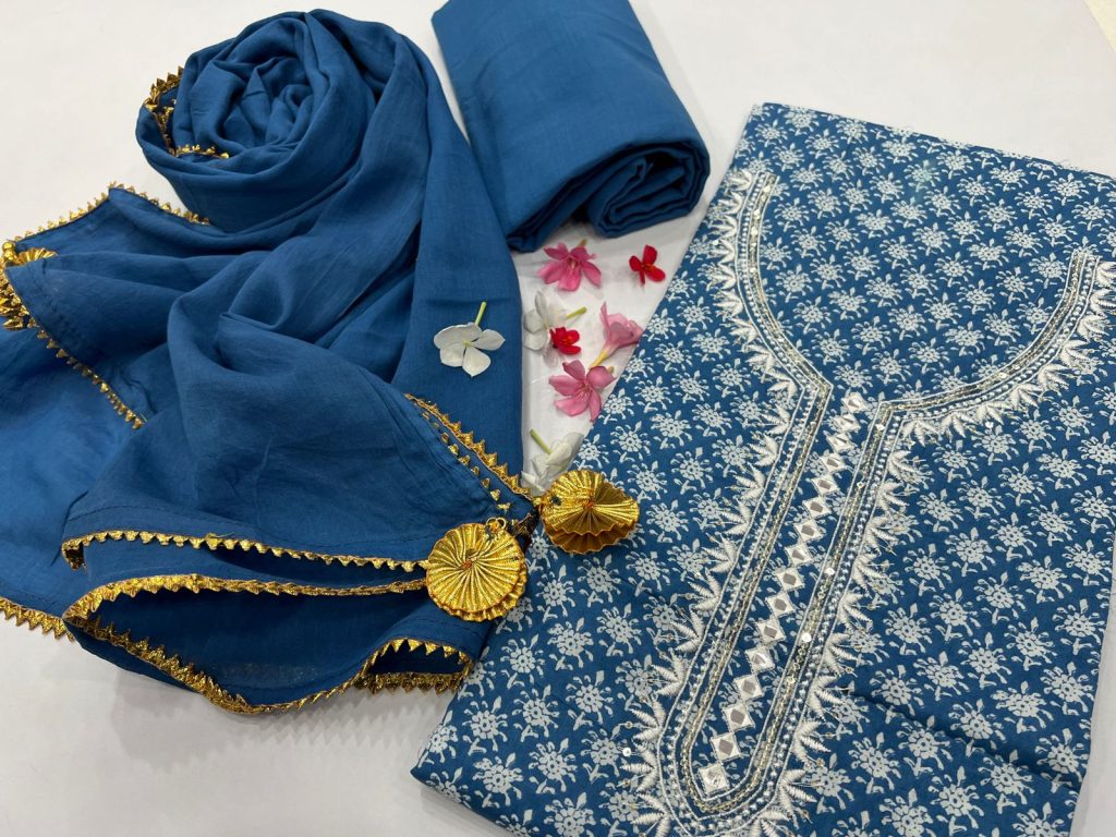 Cobalt blue embroidered cotton party wear dresses for women with cotton dupatta.jpeg