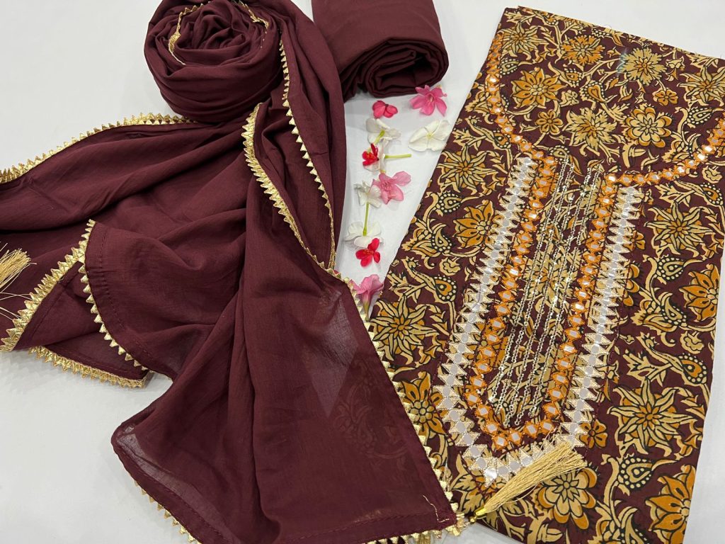 Maroon gota embroidery work cotton unstitched suits party wear
