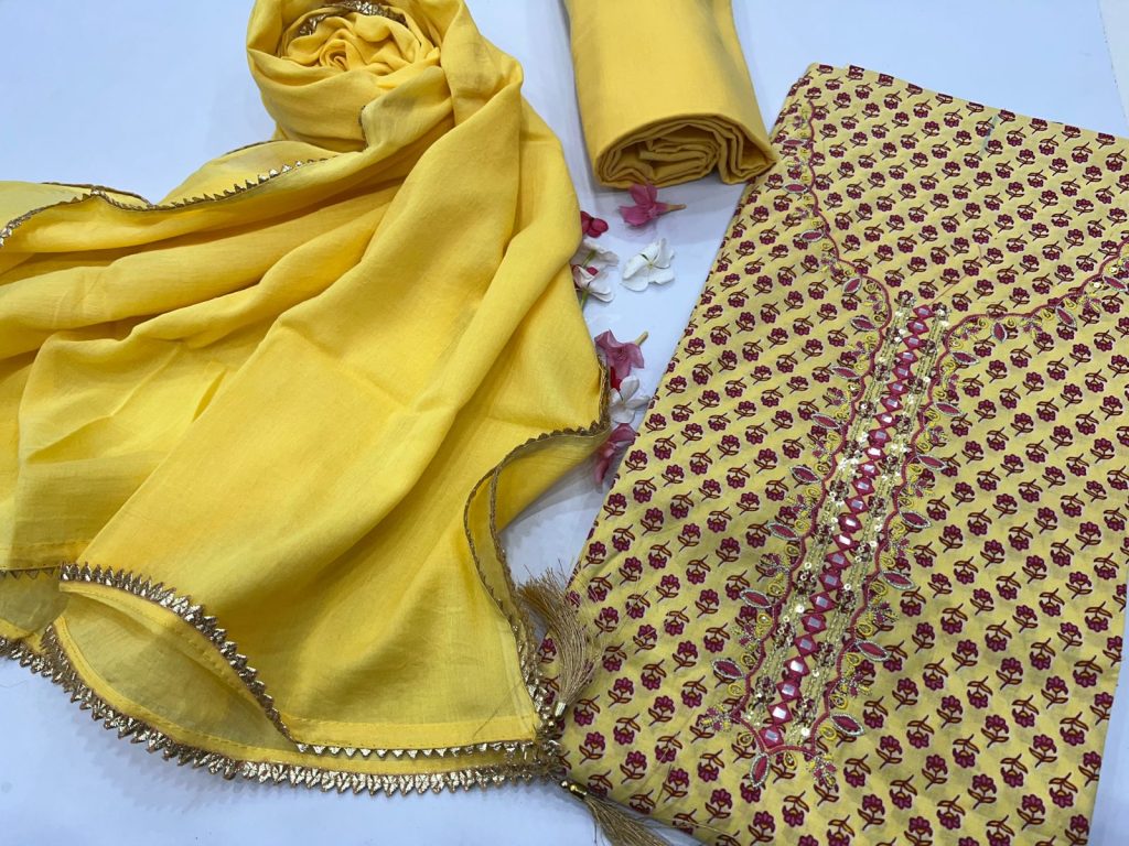 Yellow embroidered cotton new party wear dress with mulmul dupatta