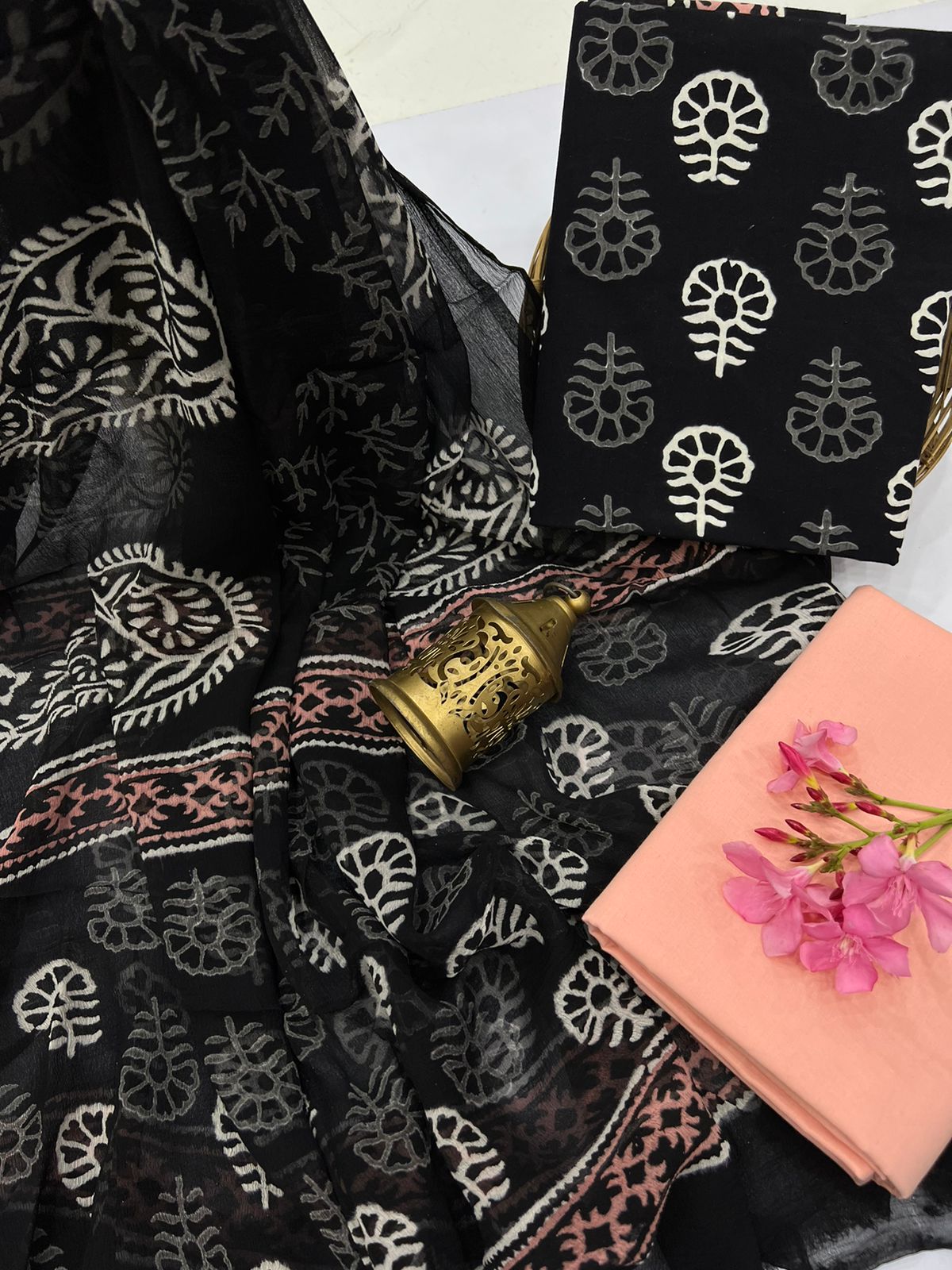 Black cotton printed salwar suit with chiffon dupatta dupatta material