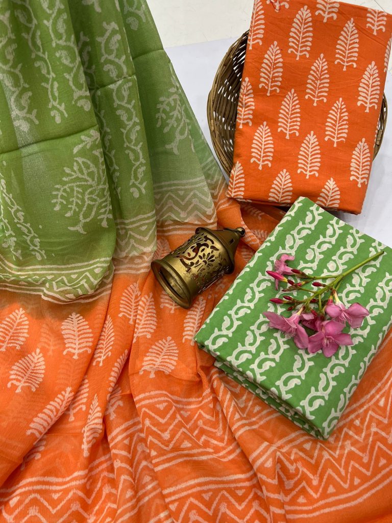 Orange and green printed office wear cotton salwar suits with chiffon dupatta