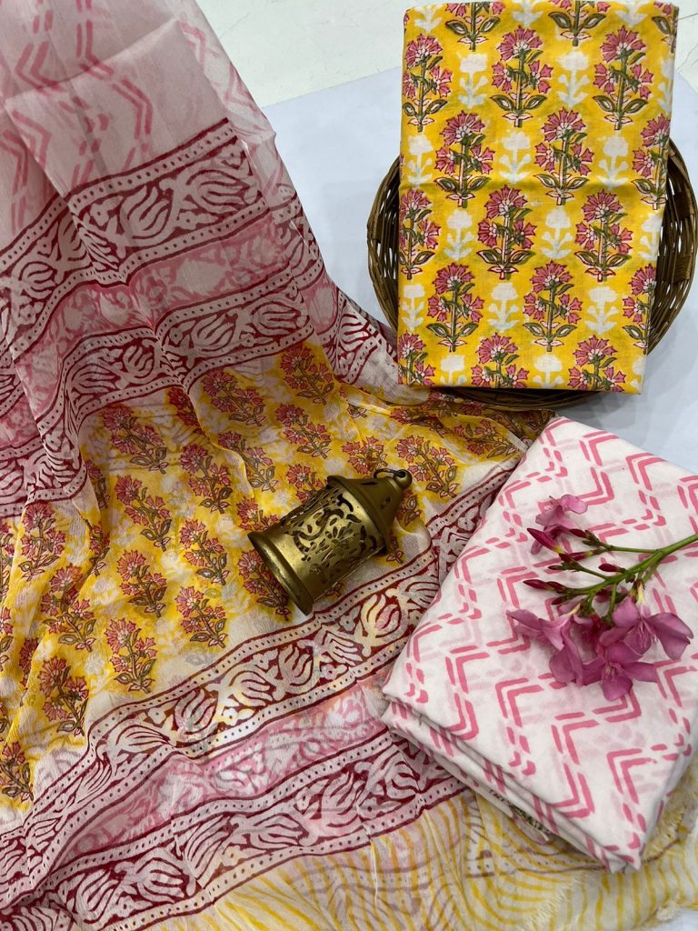 Yellow paisley print punjabi cotton salwar kameez with chiffon dupatta
