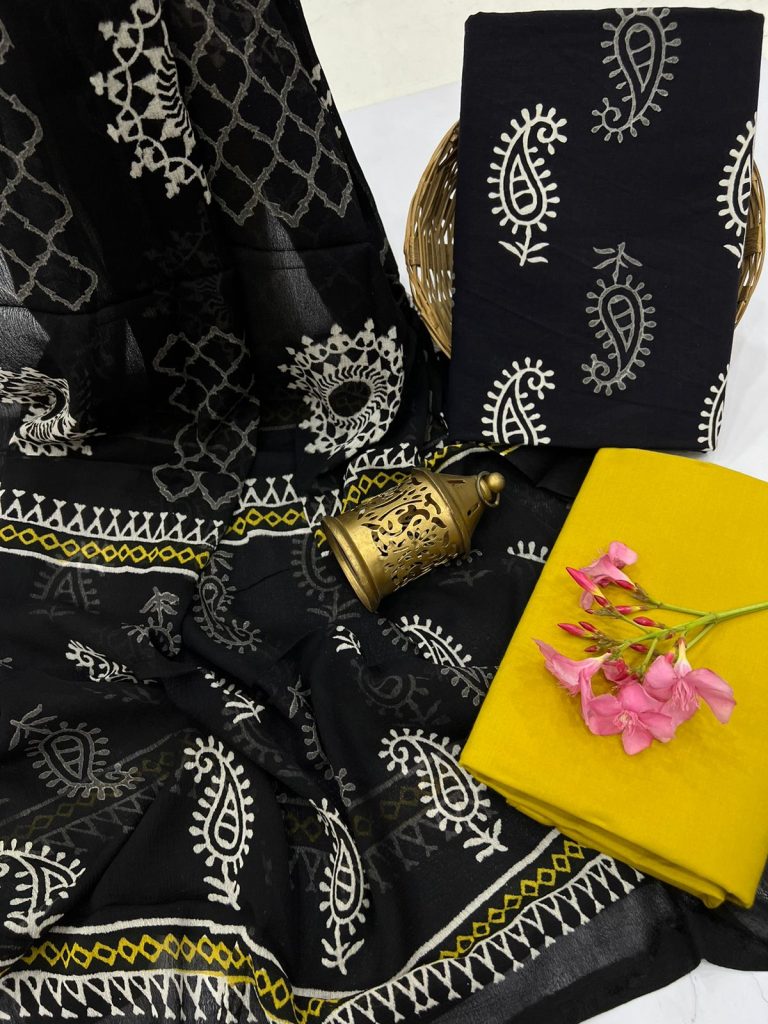Black block printed cotton salwar kameez online with chiffon dupatta
