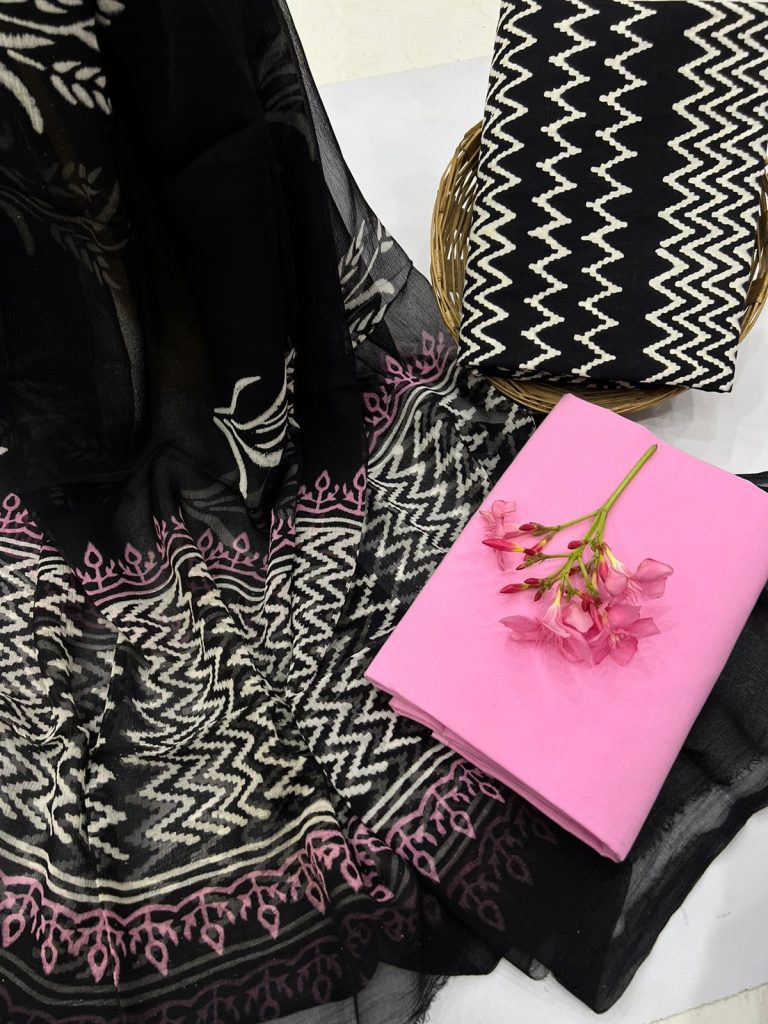 Black pink hand block printed cotton suits with chiffon dupatta