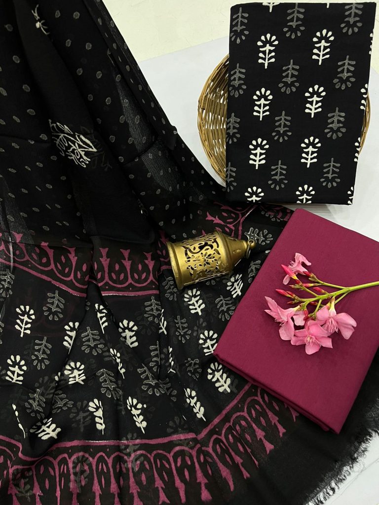 Black block print cotton salwar kameez with chiffon dupatta