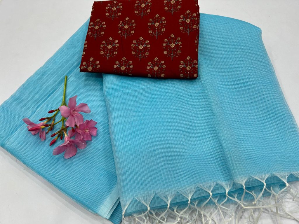 Plain baby blue new saree collection in kota doria