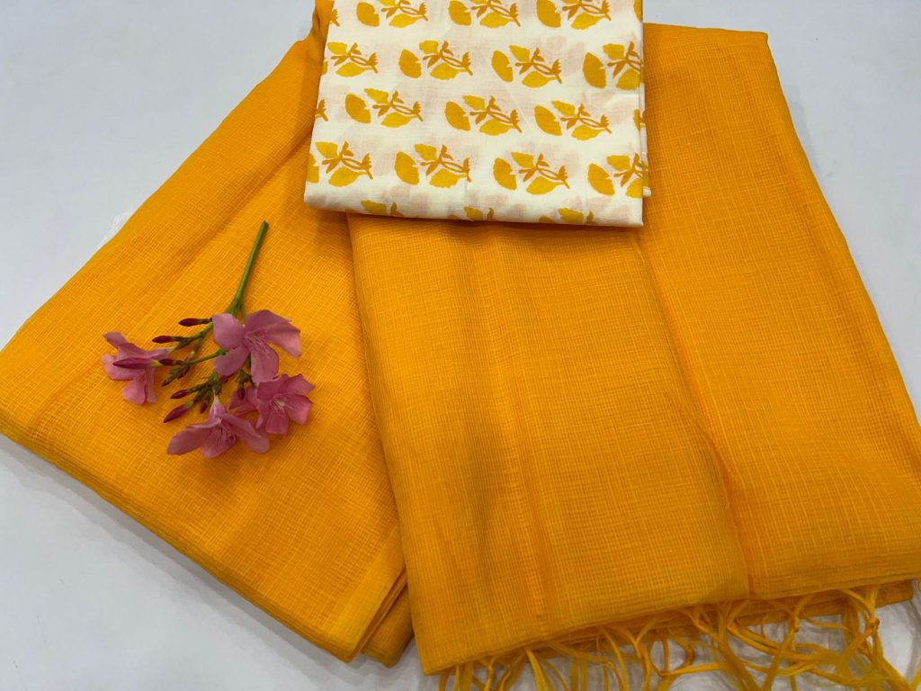Plain orange kota doria handloom saree