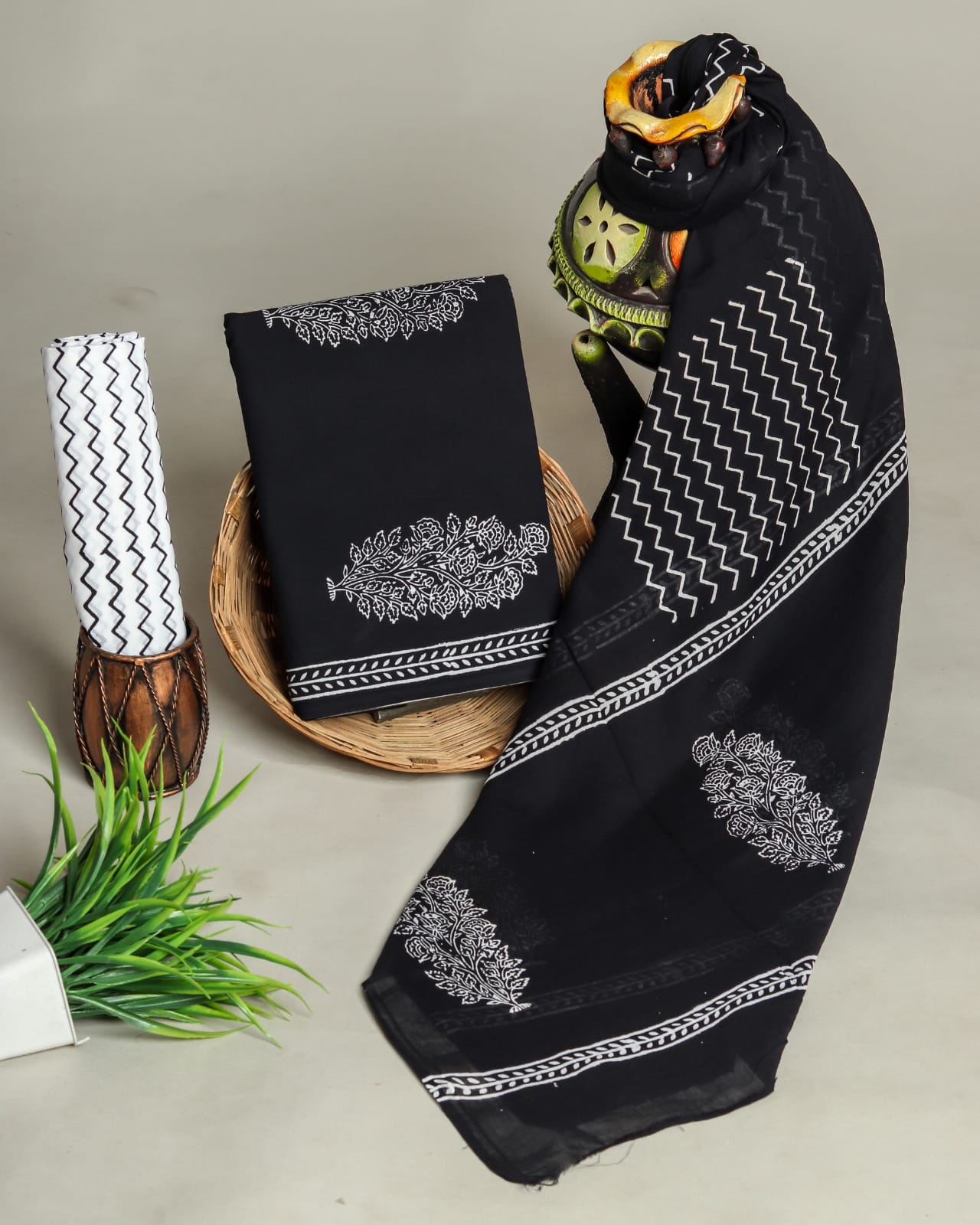Mugal print black and white summer dress for women with cotton dupatta
