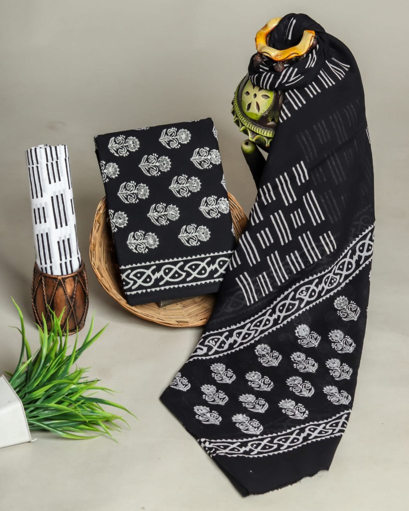 Black and white printed daily wear suit salwar with cotton dupatta