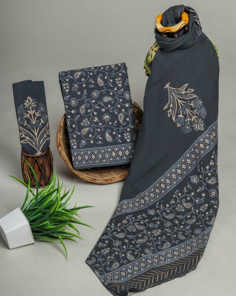 Charcoal grey gold khadi print unstitched cotton suit with mulmul dupatta