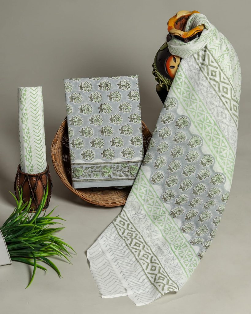 Gray green unstitched printed daily wear suits for ladies with cotton dupatta