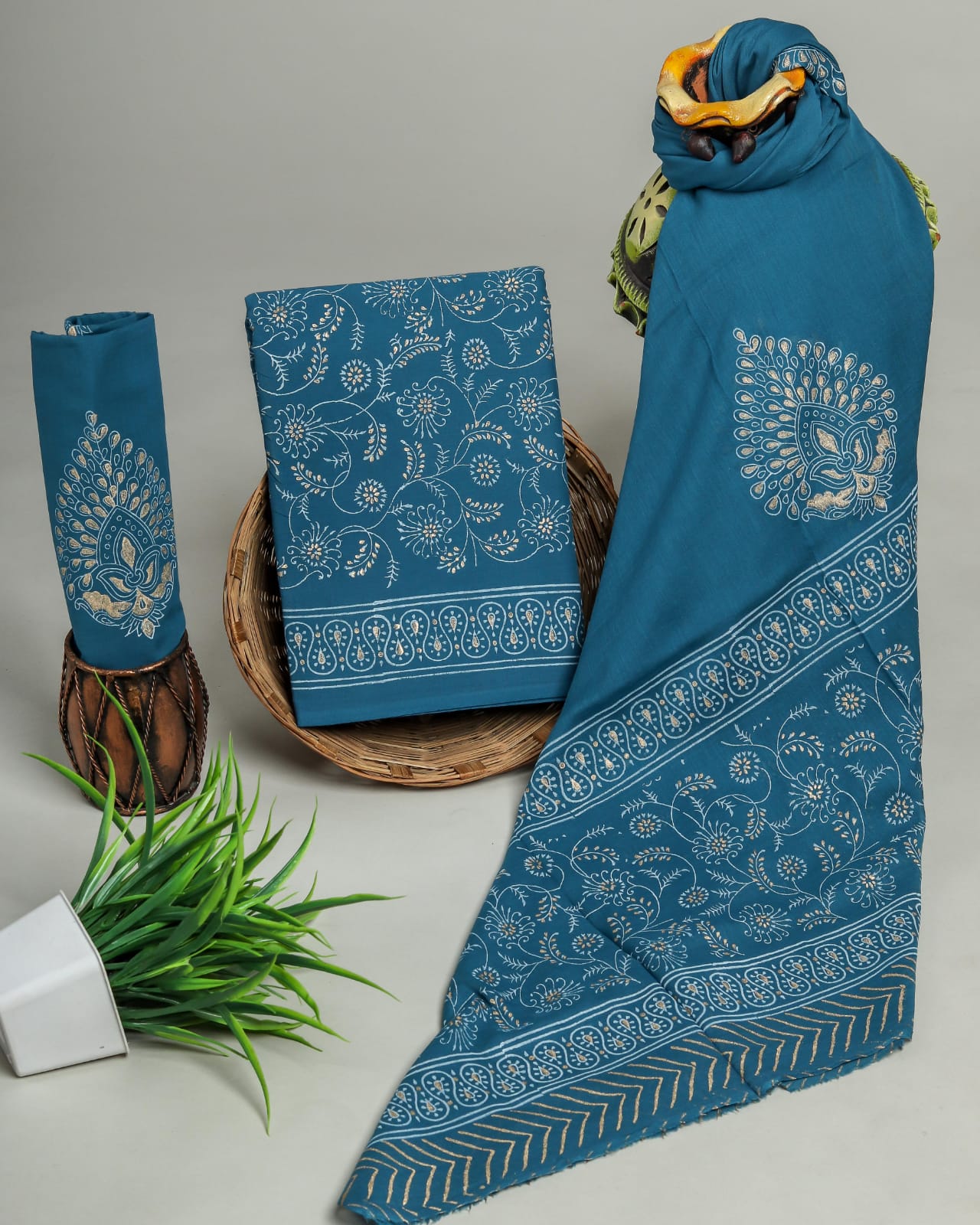 Light navy blue gold khadi print unstitched cotton suit with mulmul dupatta