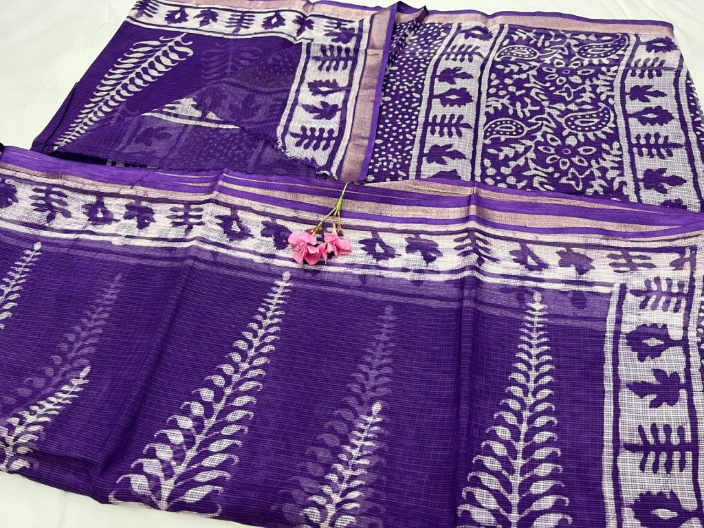 Purple Iris hand block printed kota doria zari sarees