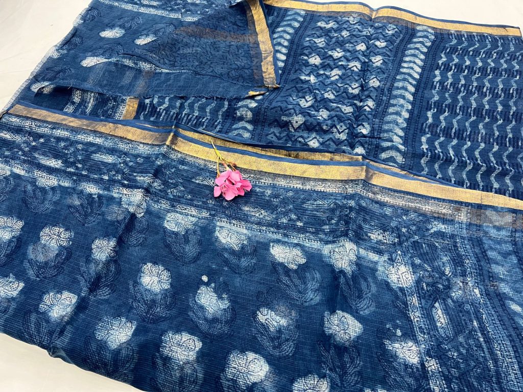 Indigo color hand block printed rajasthani kota doria cotton saree