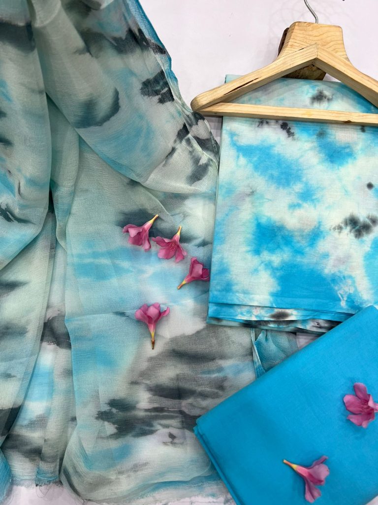 Marble print azur color unstitched cotton salwar suit with dupatta in chiffon