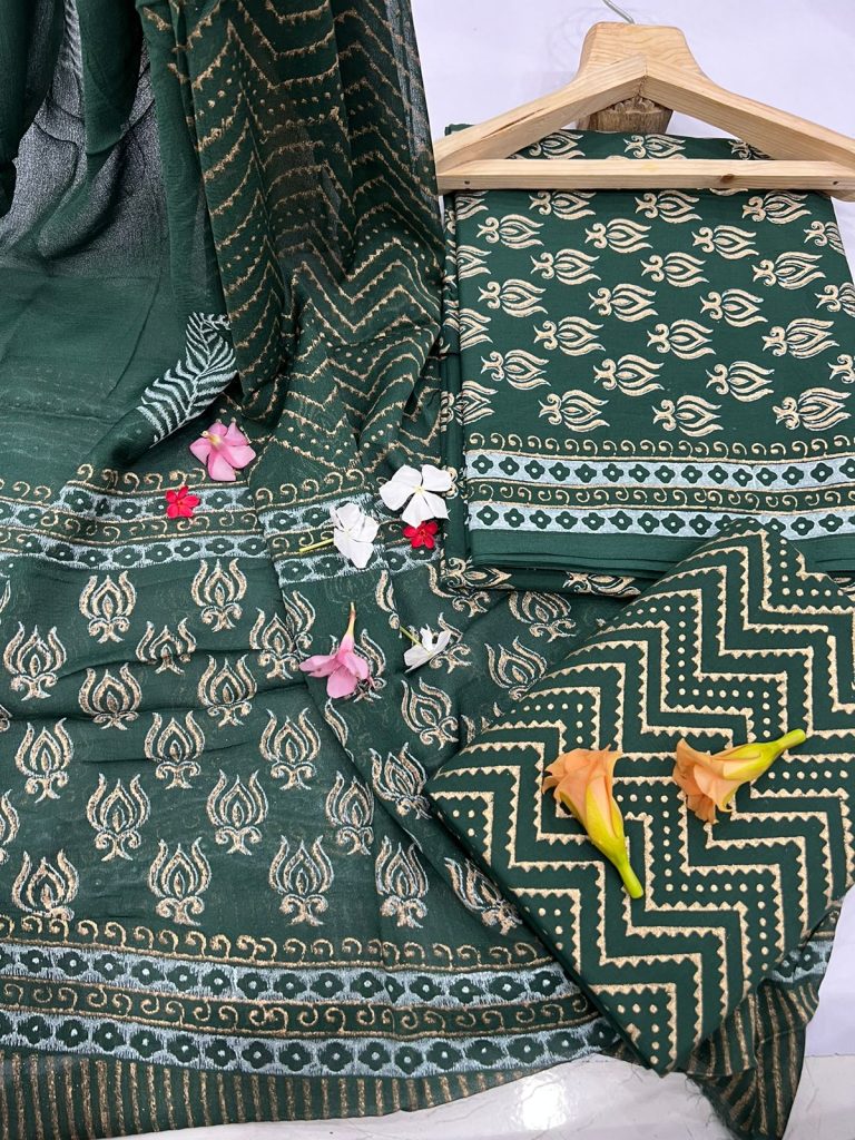 Viridian green gold foil printed unstitched cotton material online with chiffon dupatta